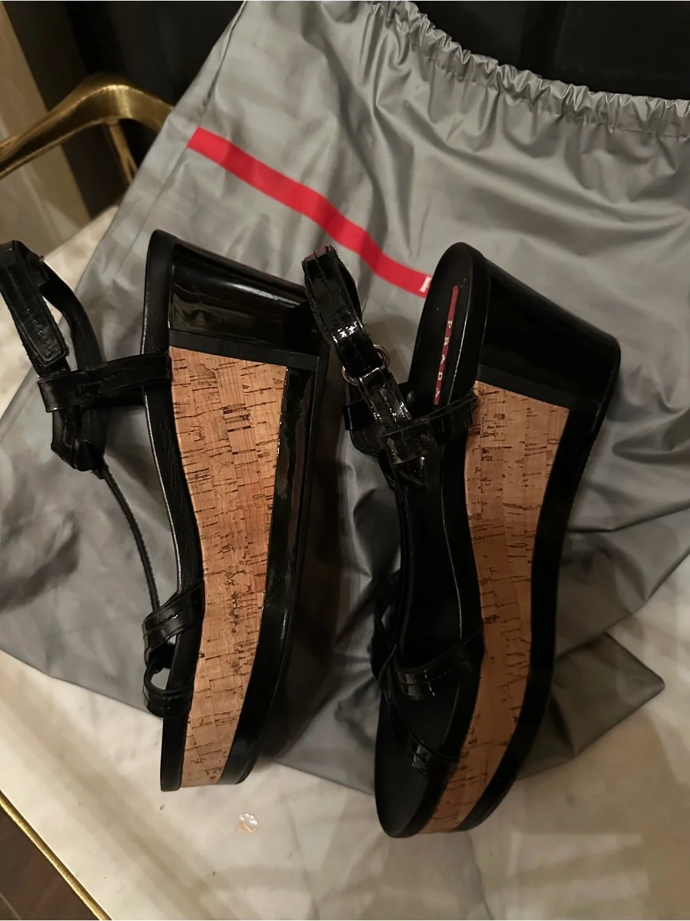 Prada Black Patent Leather Cork-Wedge Sandals